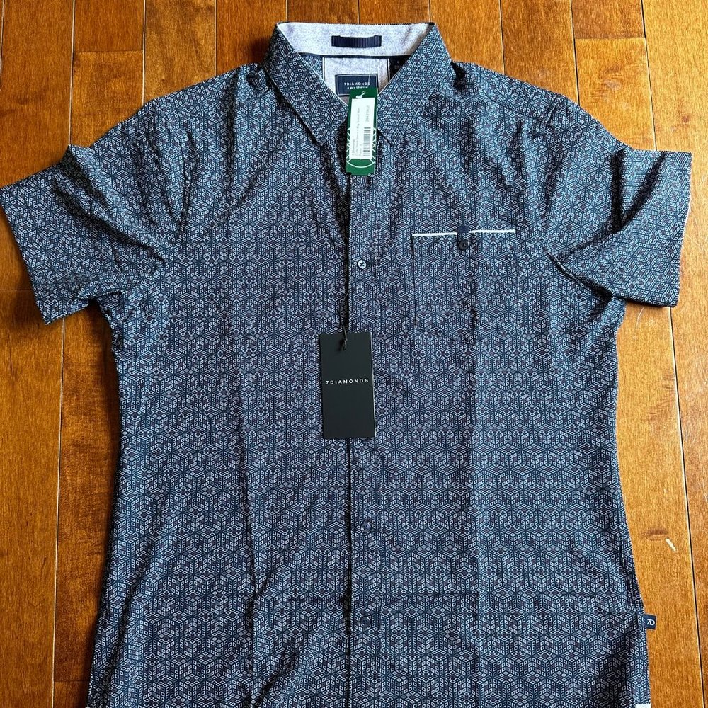 7 Diamonds Cube Short Sleeve 4 Way Stretch Shirt  - Navy, Large